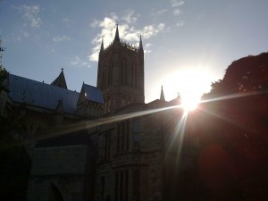 Dusk at Lincoln Cathedral looking at the Wren Library in September 2010